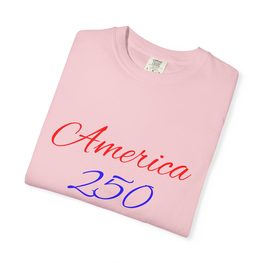 America 250 T-shirt | Patriotic Script, Red and Blue Text