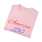 America 250 T-shirt | Patriotic Script, Red and Blue Text