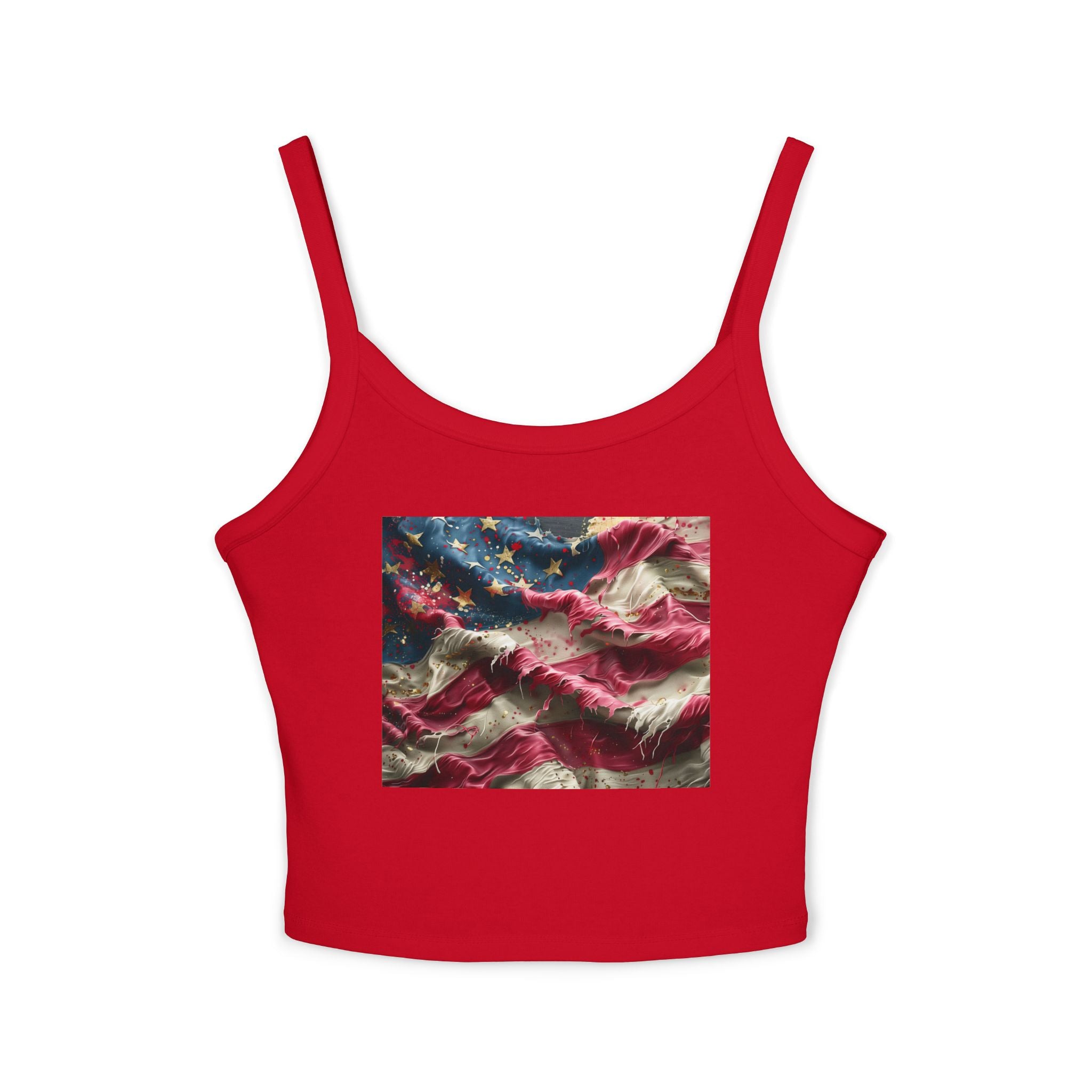American Flag Ruffled Crop Tank Top – Patriotic Women's Spaghetti Strap Top