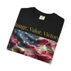 Patriotic T-Shirt — "Rouge, Valor, Victory" American Flag Graphic, "America First" Back Text