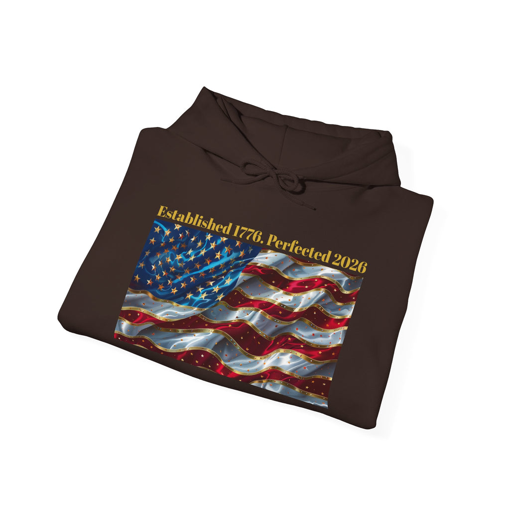 American Flag Hoodie "Established 1776, Perfected 2026"