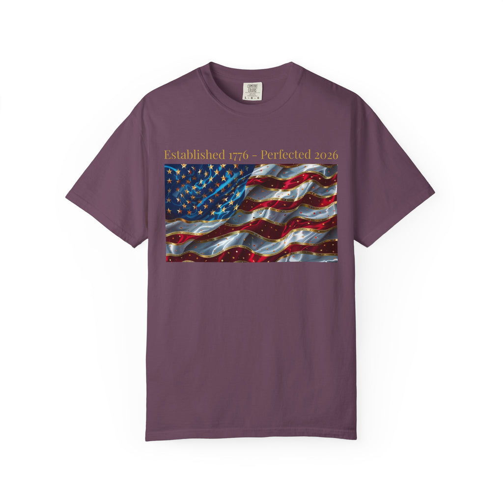 American Flag T-Shirt – "Established 1776 • Perfected 2026" Patriotic Tee