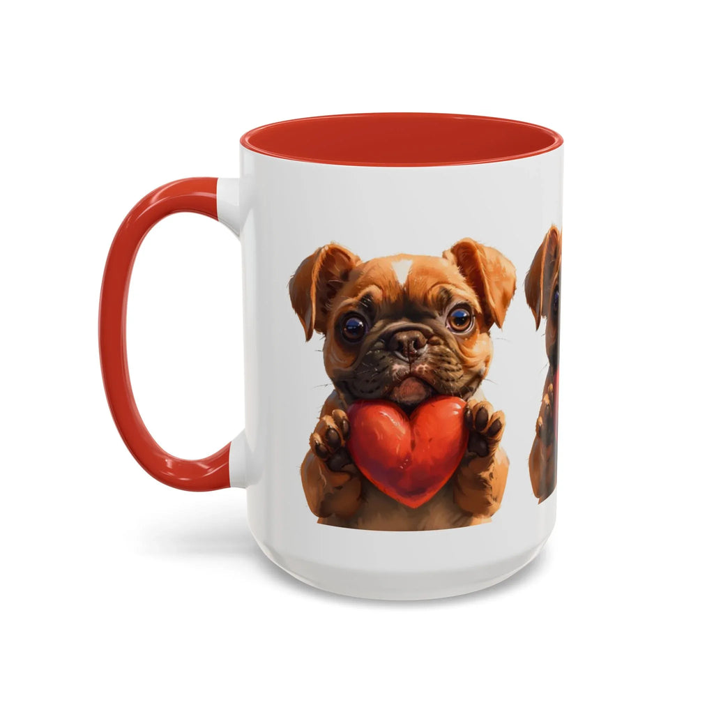 Cute French Bulldog Holding Red Heart Accent Coffee Mug | Puppy Cartoon Illustration - 250 USA Celebration