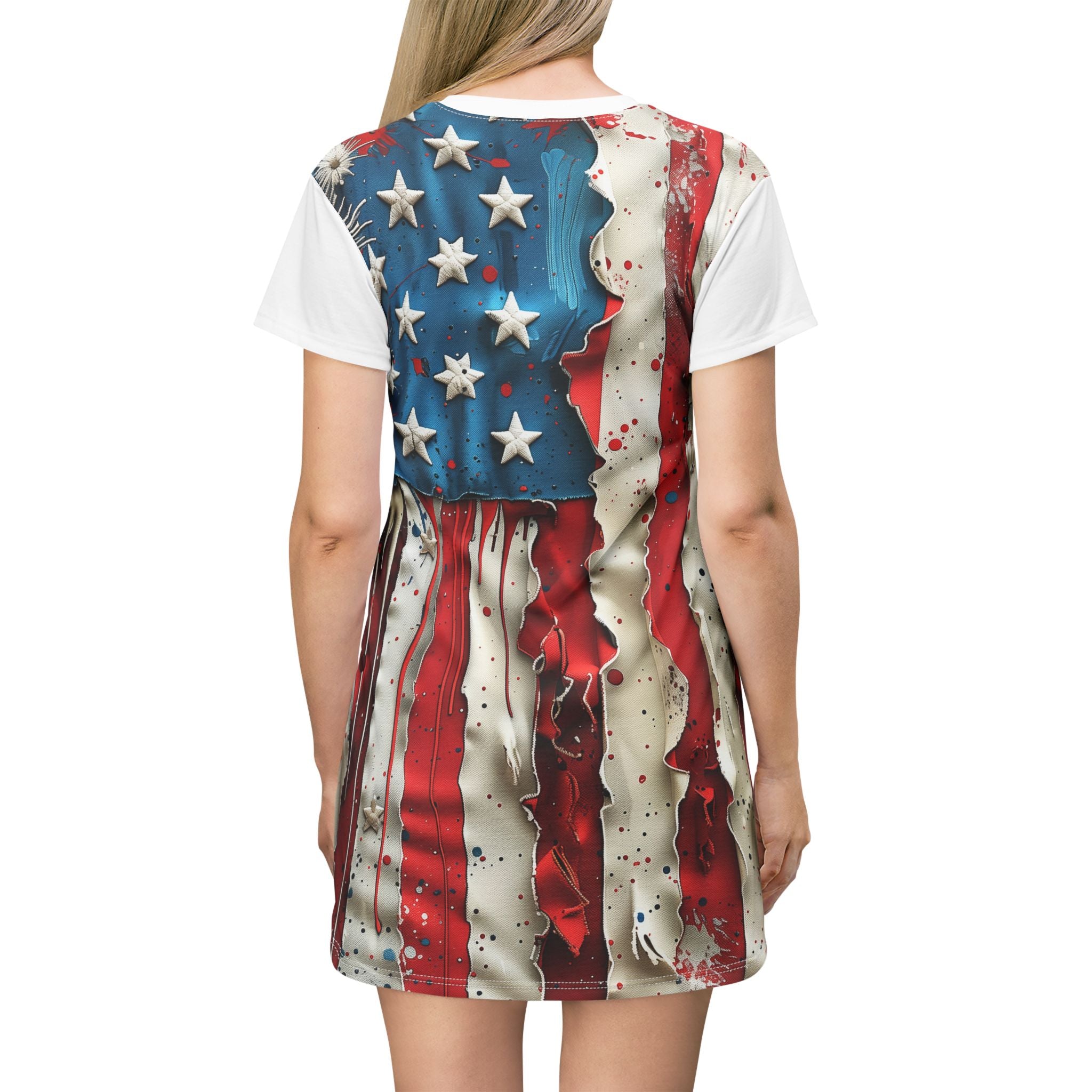 American Flag T-Shirt Dress — Distressed Patriotic Stars & Stripes AOP
