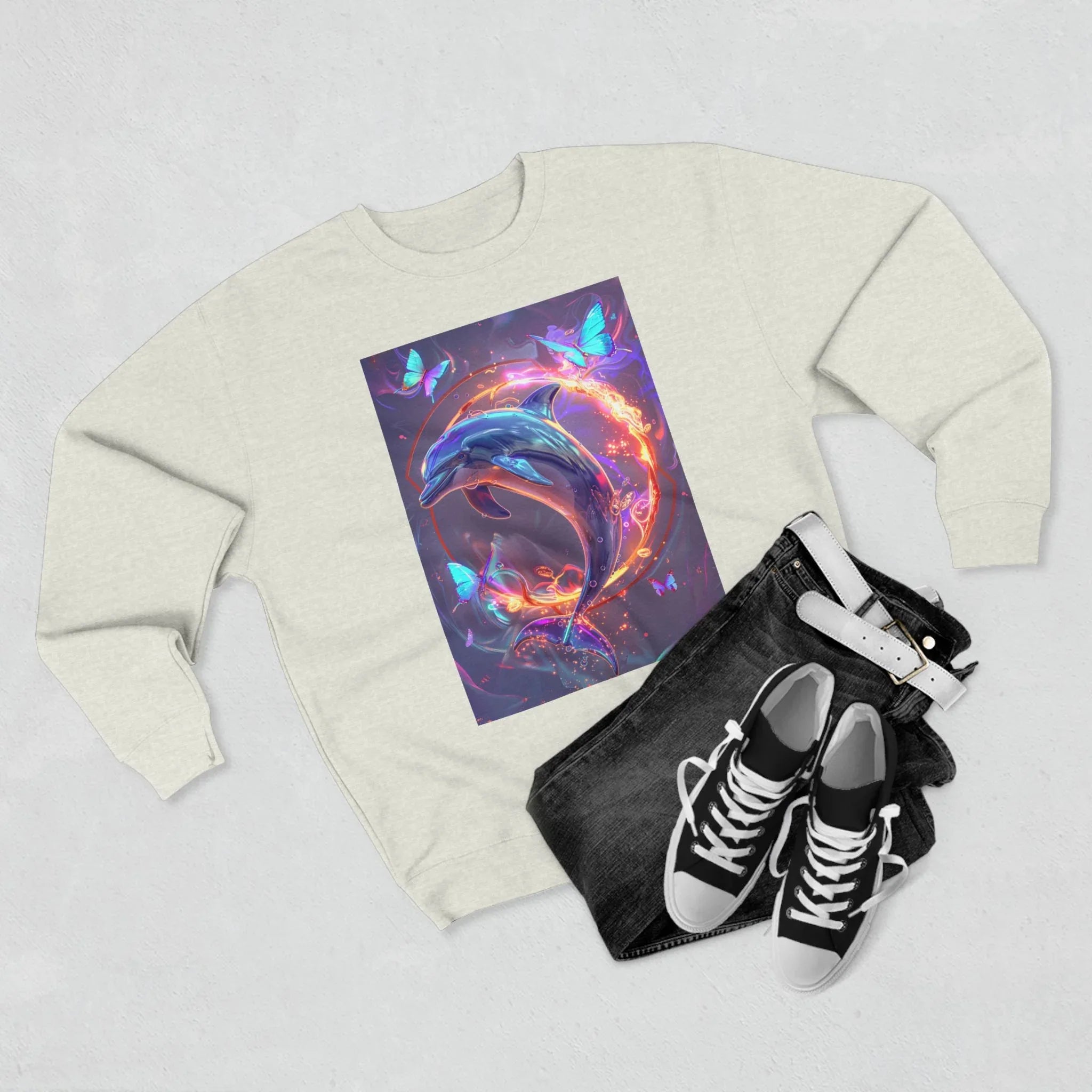 Neon Mystic Dolphin Ring sweatshirt | Glowing Butterflies, Fantasy Ocean Art - 250 USA Celebration