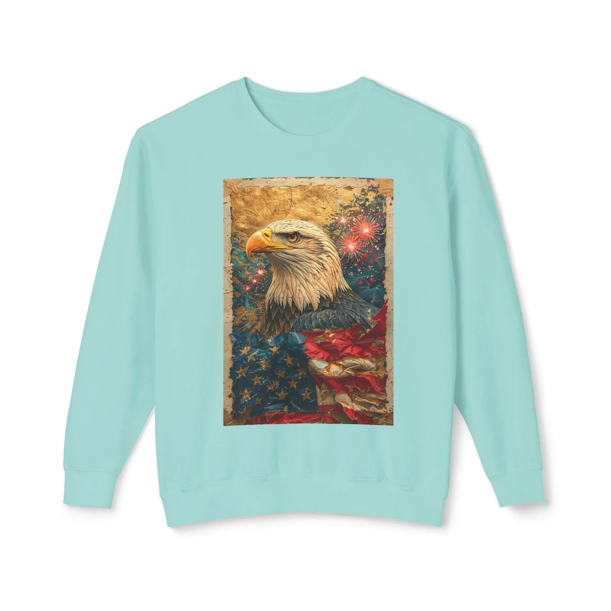 Triumphant Bald Eagle clutching American Flag Sweatshirt | Patriotic Fireworks Outline - 250 USA Celebration