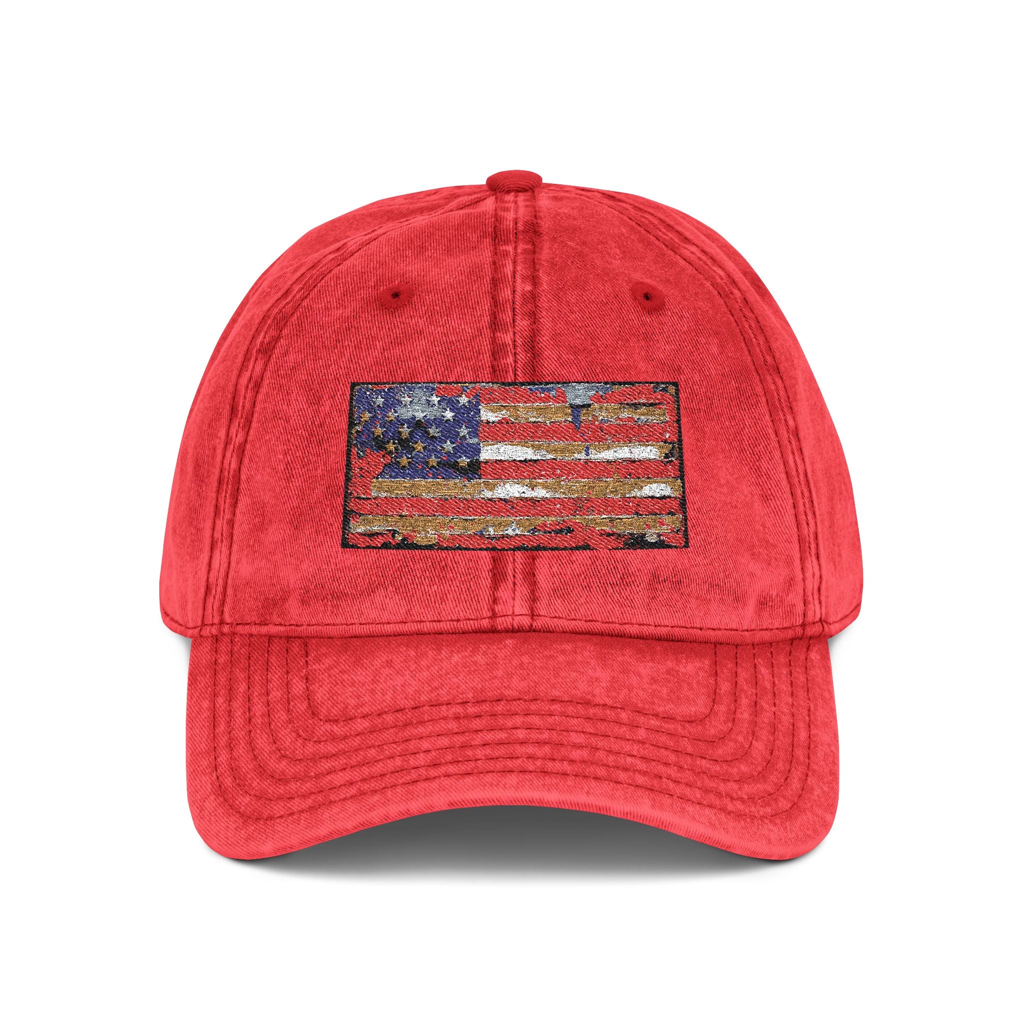 Vintage Embroidered American Flag Cap — Distressed Red Baseball Hat