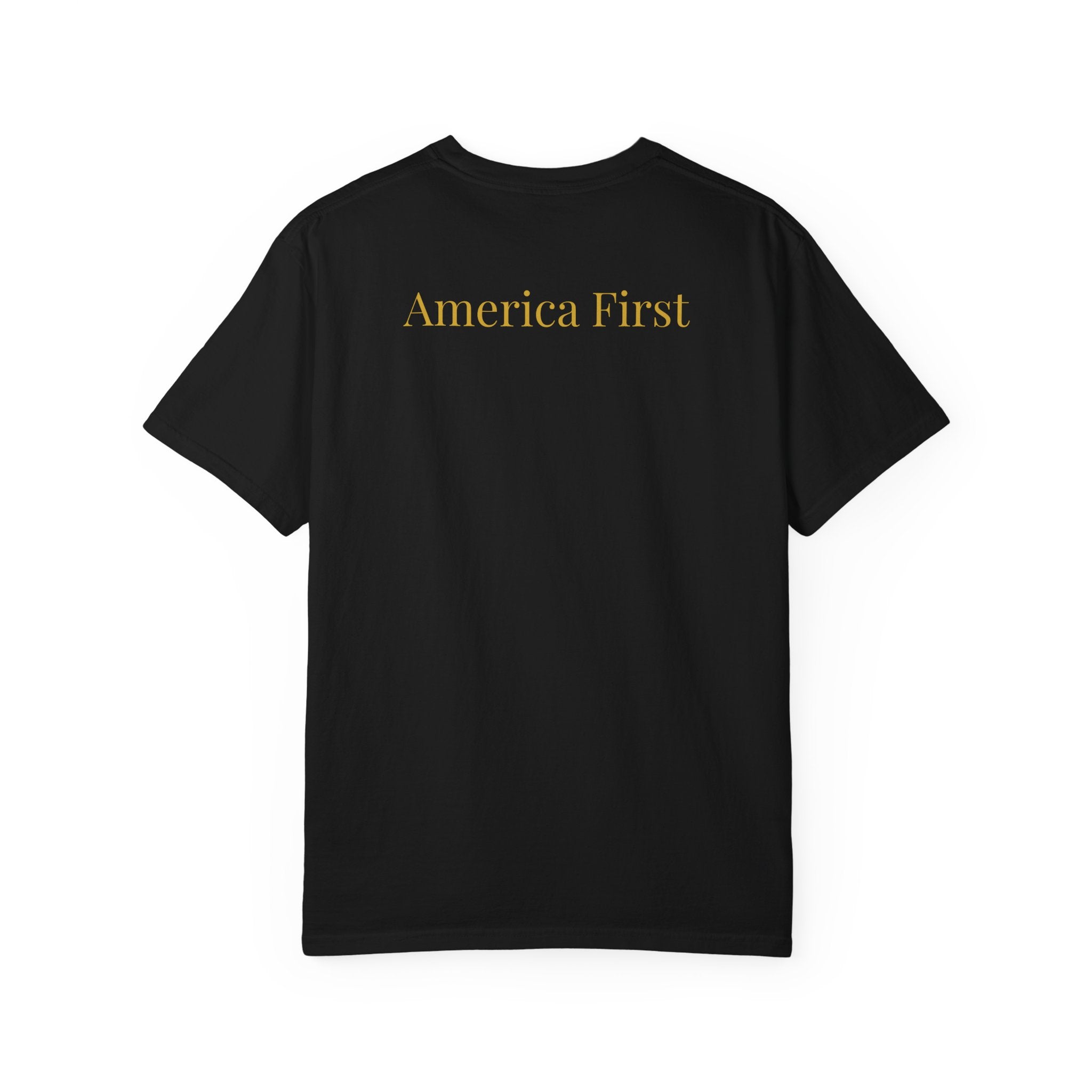 Patriotic T-Shirt — "Rouge, Valor, Victory" American Flag Graphic, "America First" Back Text