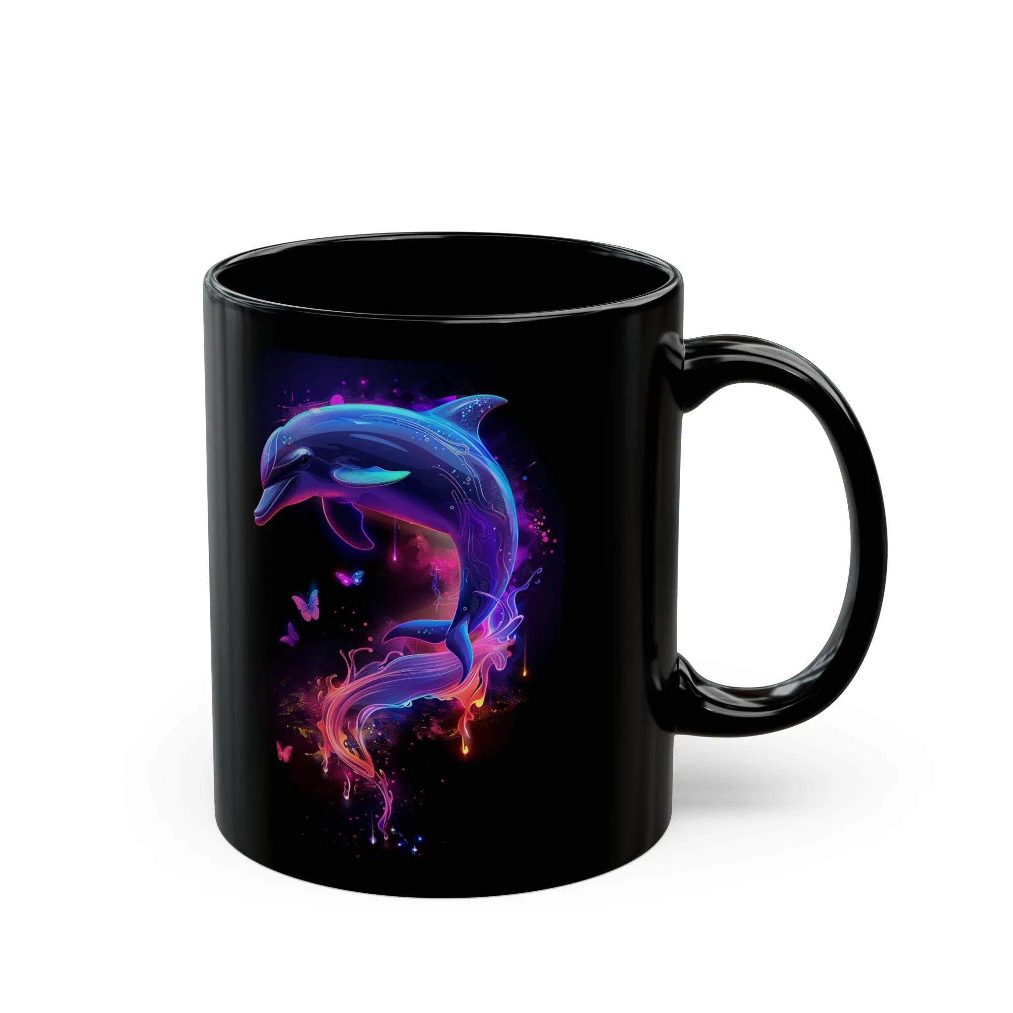 Black Mug, Chrome Dolphin Design, Y2K Revival, Gen Z Mug, Lisa Frank Stickers, Beachcore Mug - 250 USA Celebration