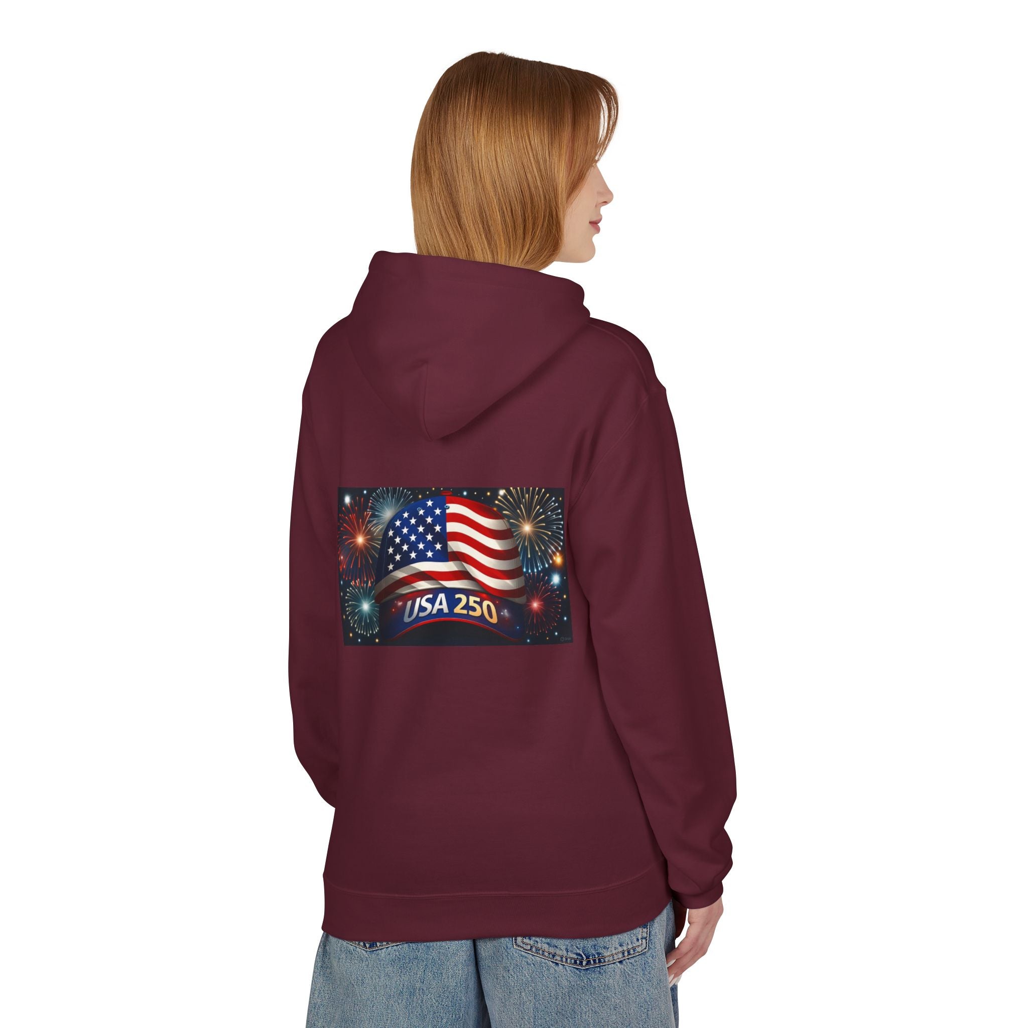 USA 250 Patriotic Hoodie with American Flag & Fireworks