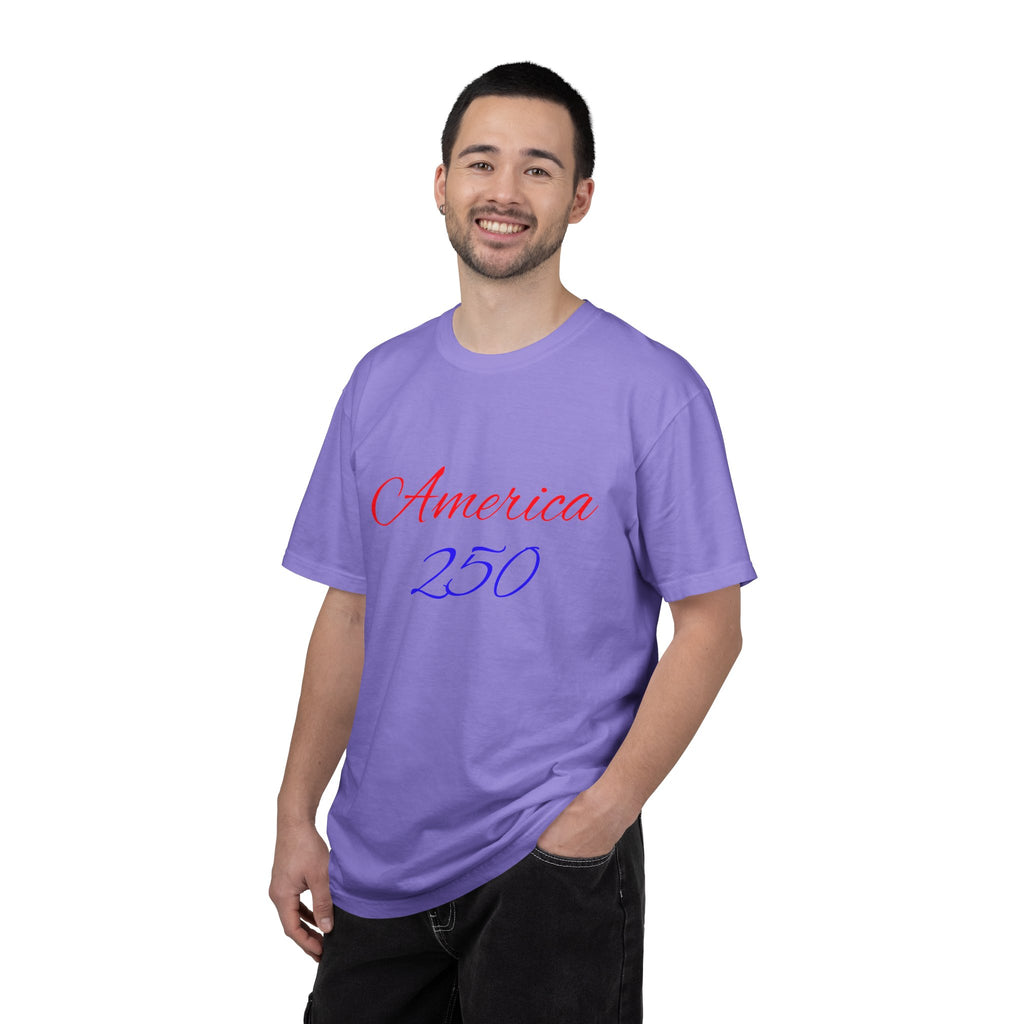 America 250 T-shirt | Patriotic Script, Red and Blue Text