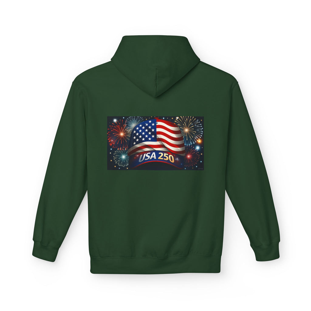 USA 250 Patriotic Hoodie with American Flag & Fireworks