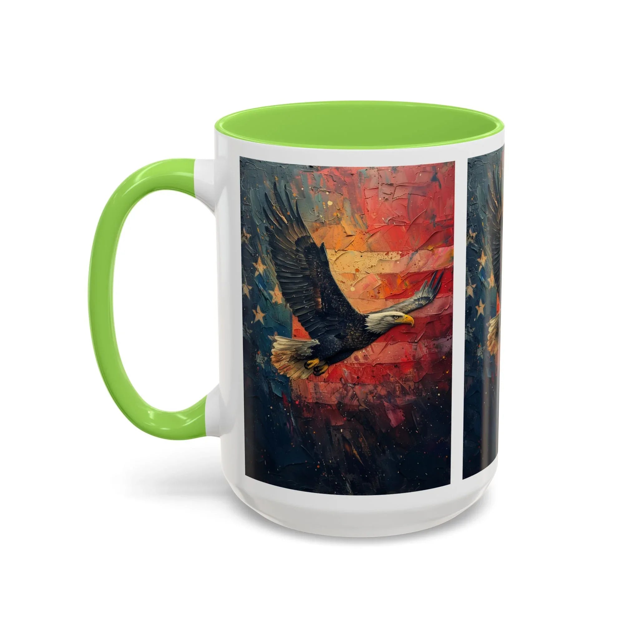 Colorful Mugs (11oz, 15oz) American Eagle Flying Coffee Cup, Patriotic American Eagle flying with American Flag in background - 250 USA Celebration