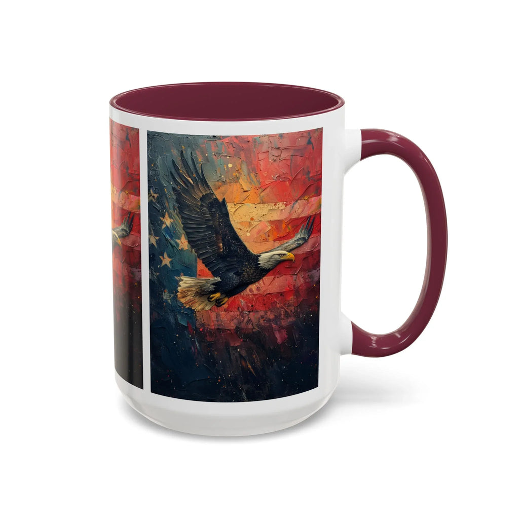 Colorful Mugs (11oz, 15oz) American Eagle Flying Coffee Cup, Patriotic American Eagle flying with American Flag in background - 250 USA Celebration