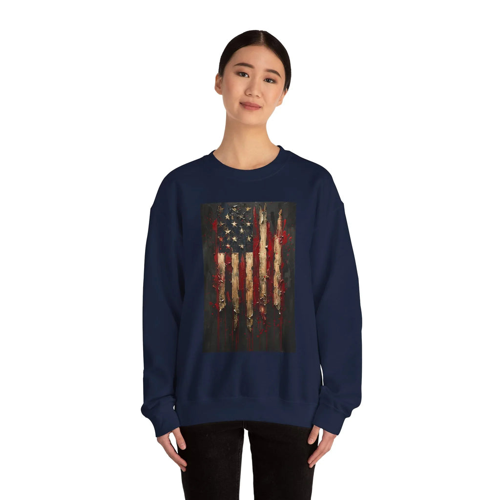 Distressed American Flag Crewneck Sweatshirt | Grunge Patriotic Design - 250 USA Celebration