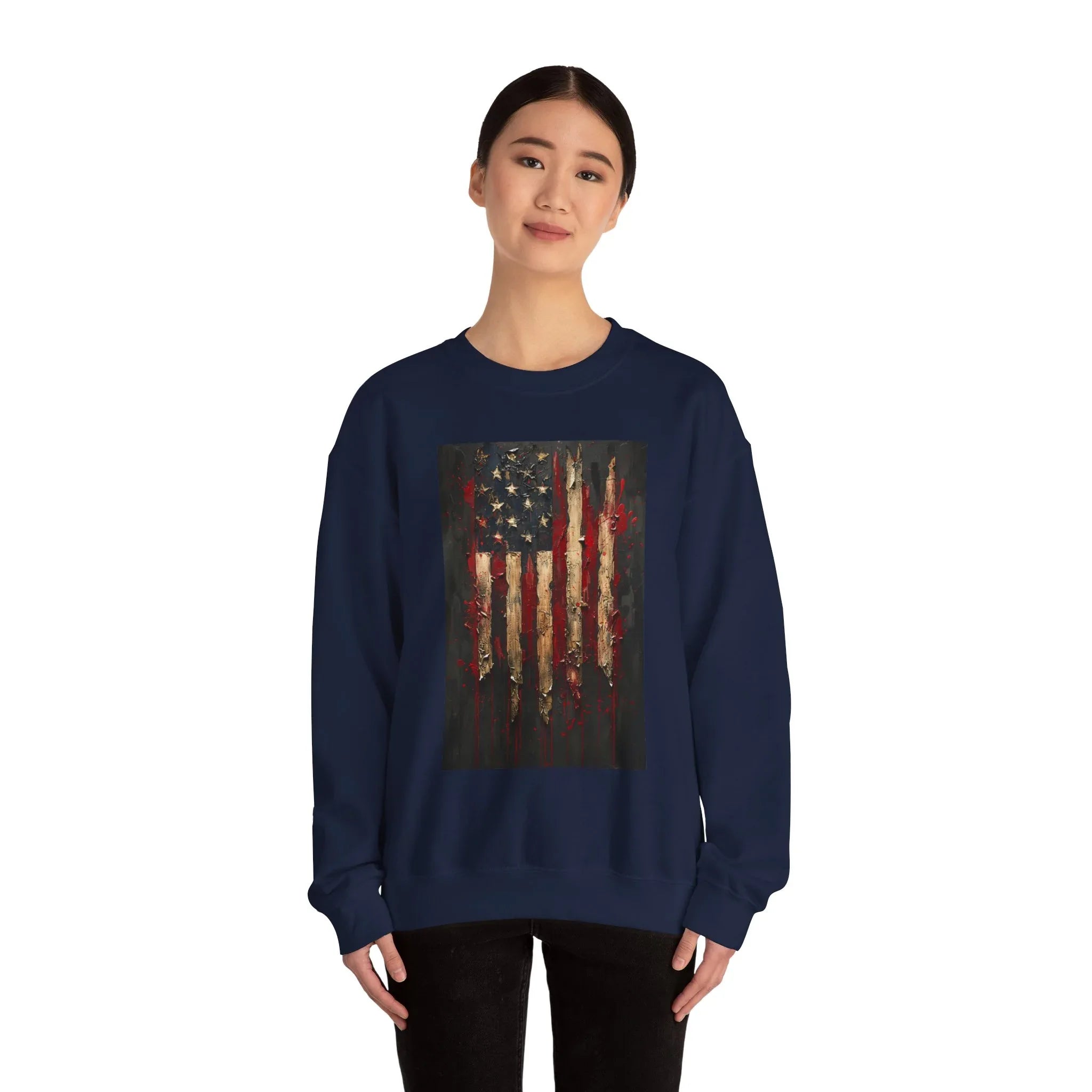 Distressed American Flag Crewneck Sweatshirt | Grunge Patriotic Design - 250 USA Celebration