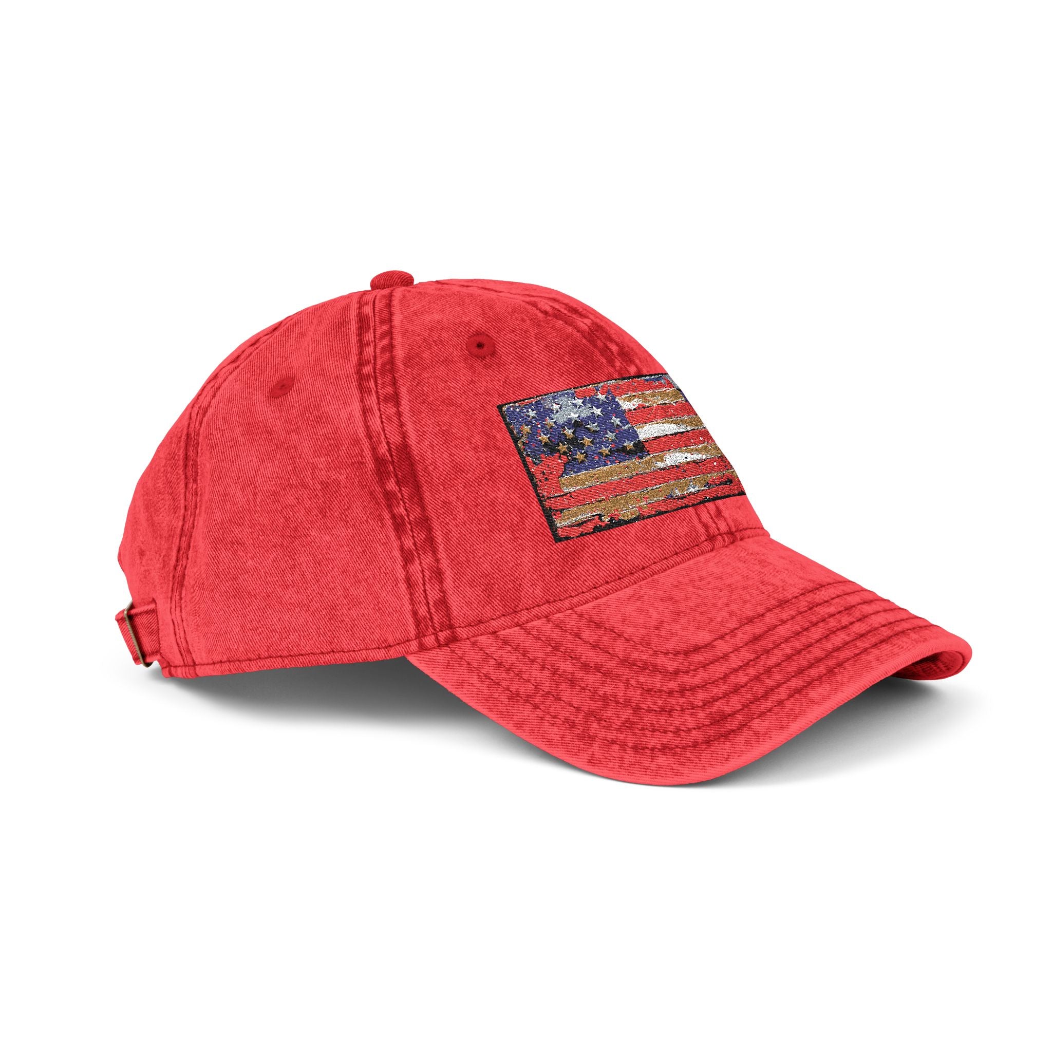 Vintage Embroidered American Flag Cap — Distressed Red Baseball Hat