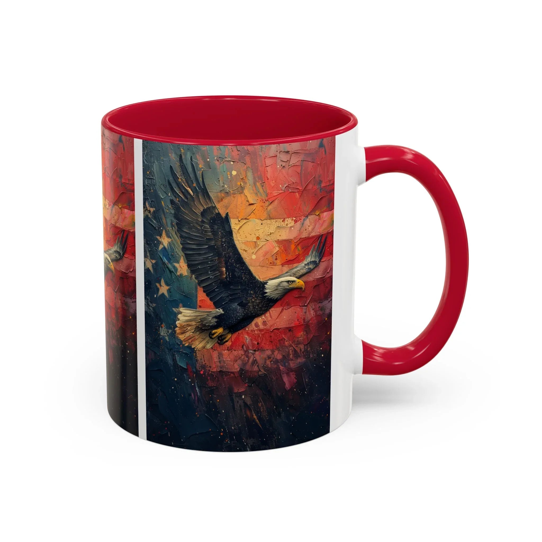 Colorful Mugs (11oz, 15oz) American Eagle Flying Coffee Cup, Patriotic American Eagle flying with American Flag in background - 250 USA Celebration