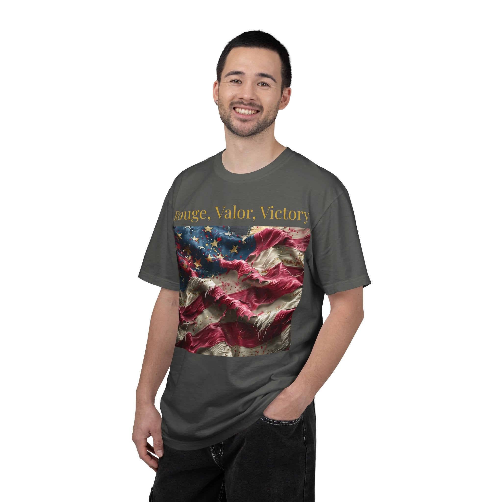 Patriotic T-Shirt — "Rouge, Valor, Victory" American Flag Graphic, "America First" Back Text