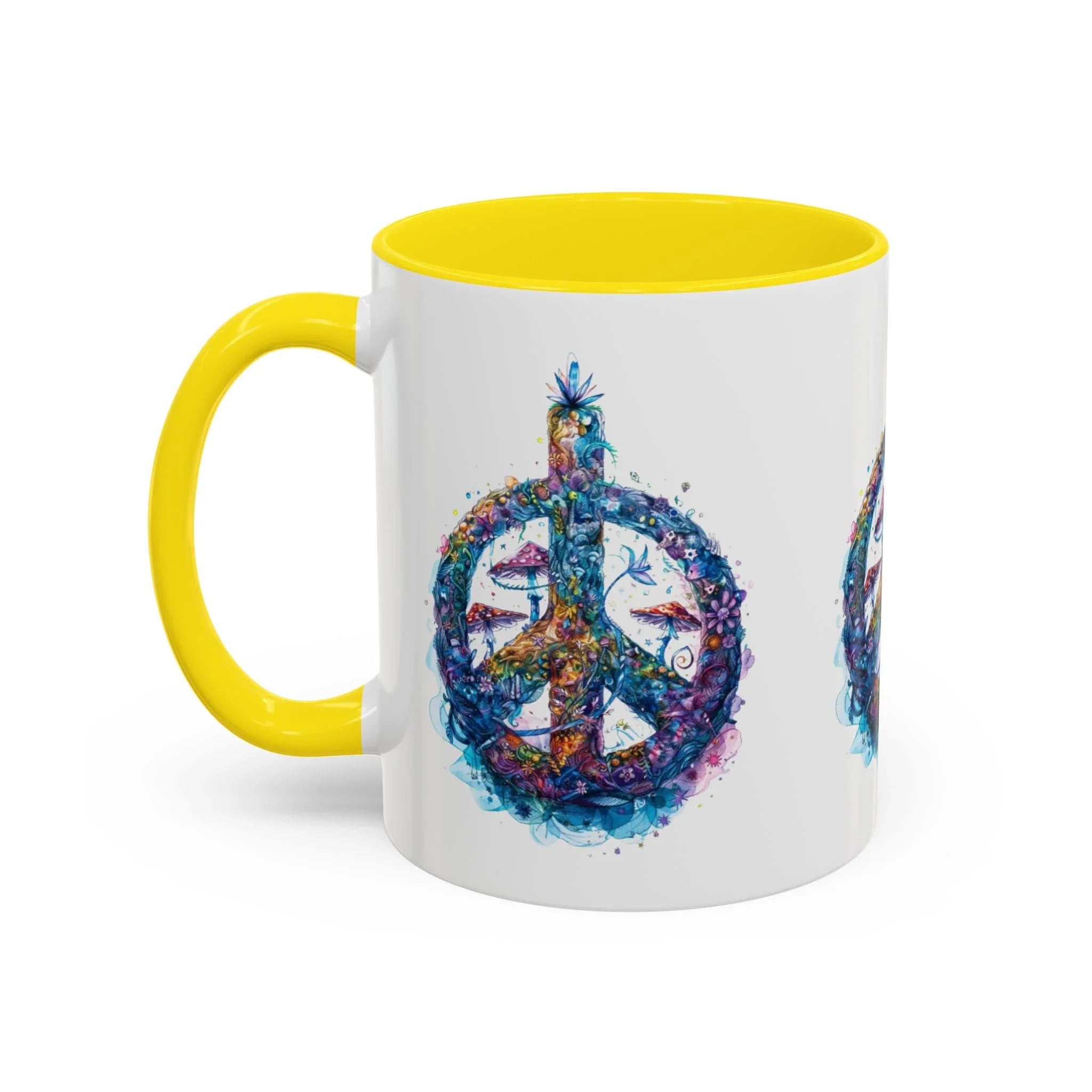 Psychedelic Mushroom Peace Sign Mug | Neon Tie-Dye Peace Script - 250 USA Celebration