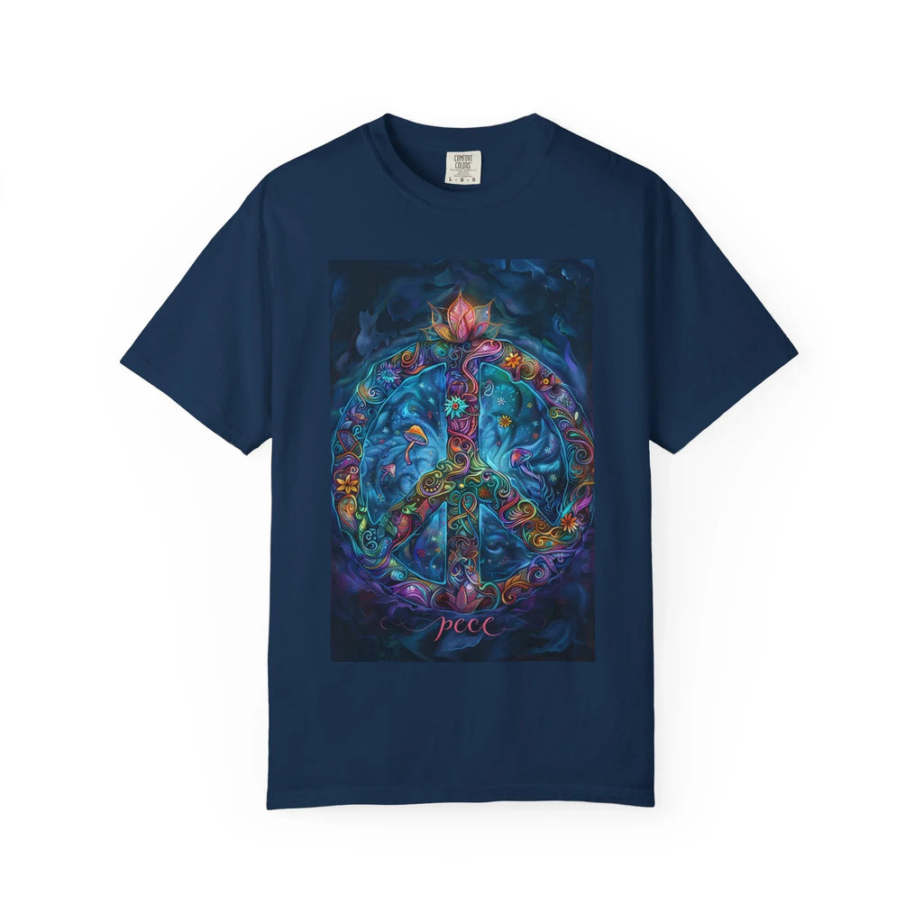 Floral Peace Sign T-shirt | Psychedelic Hippie Vibes, Blue Shirt - 250 USA Celebration