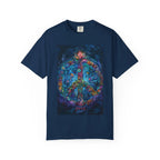 Floral Peace Sign T-shirt | Psychedelic Hippie Vibes, Blue Shirt - 250 USA Celebration
