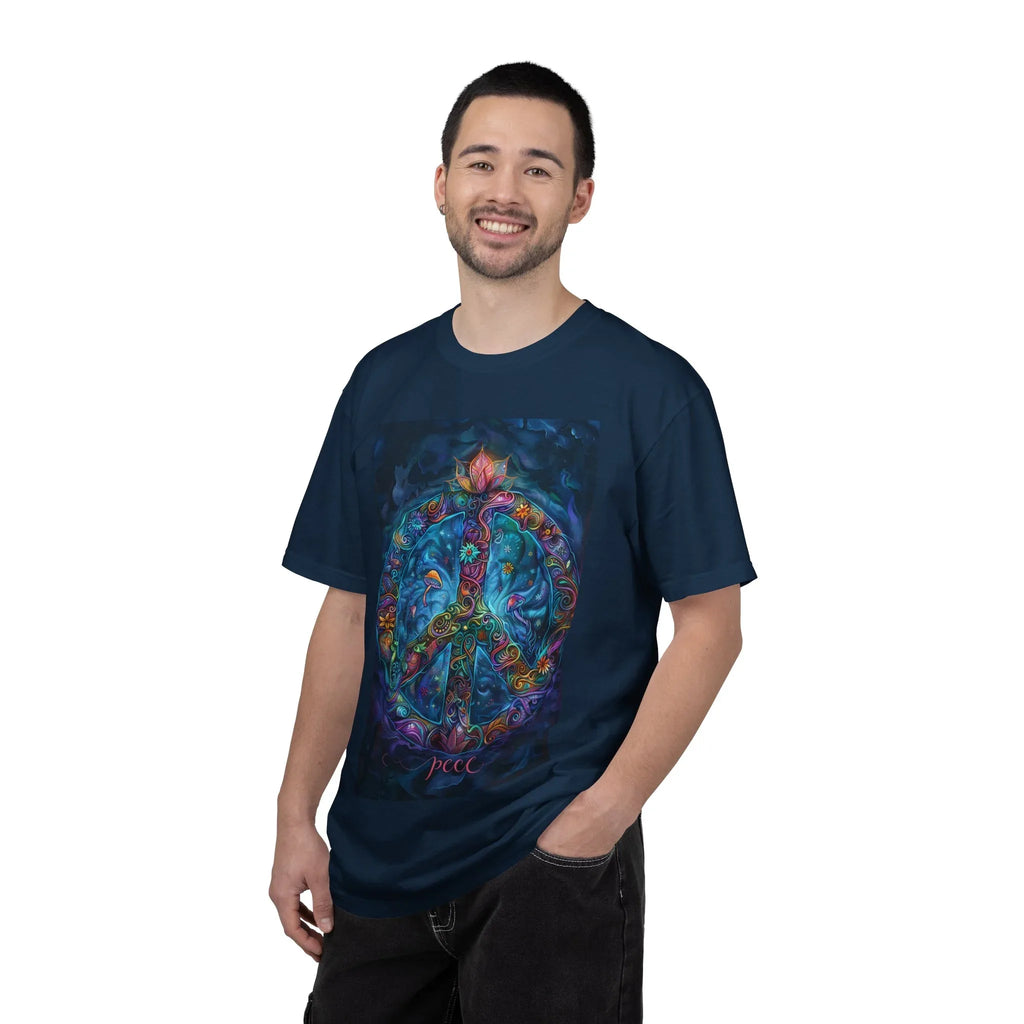 Floral Peace Sign T-shirt | Psychedelic Hippie Vibes, Blue Shirt - 250 USA Celebration