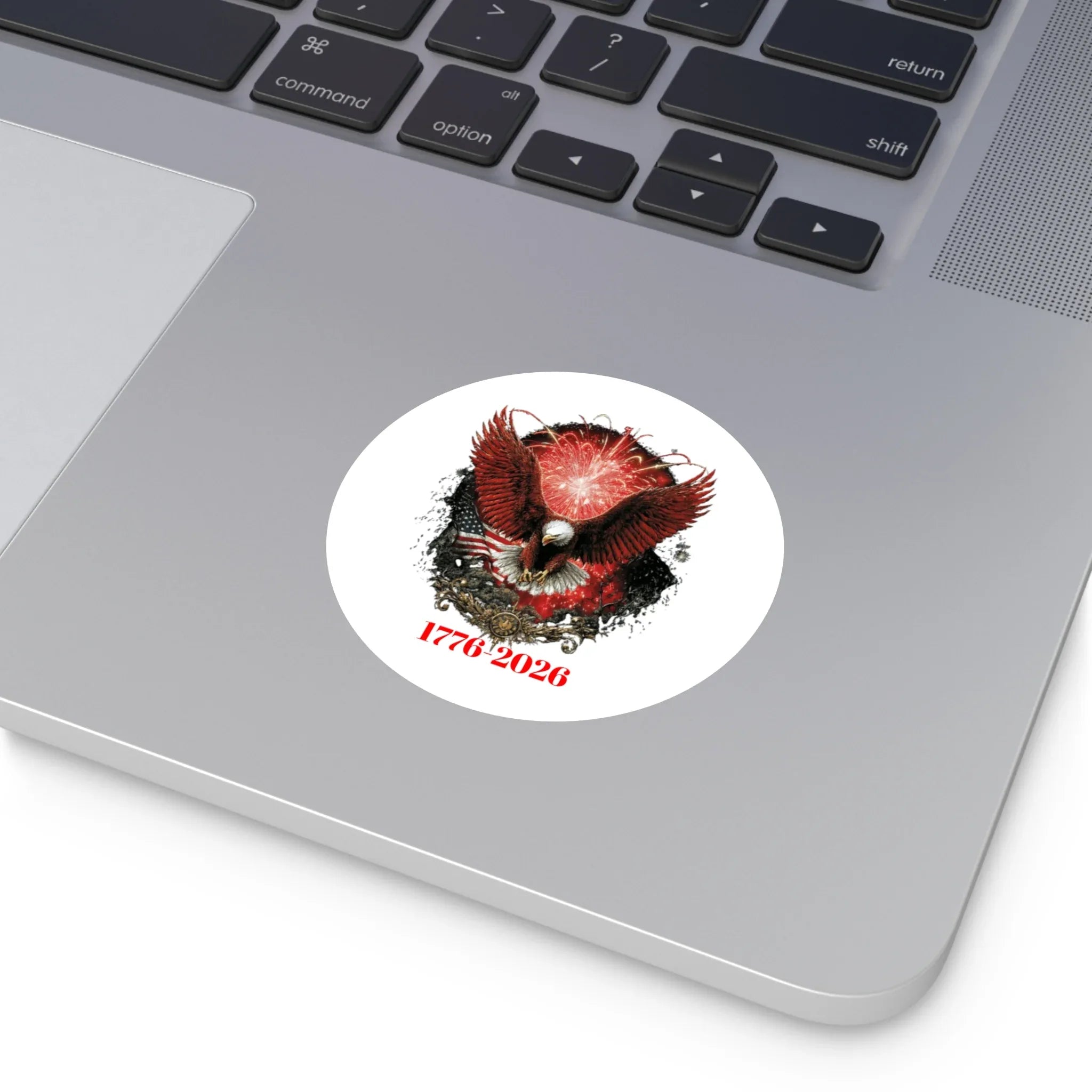 1776-2026 Eagle with Fireworks round sticker | Patriotic Sticker - 250 USA Celebration