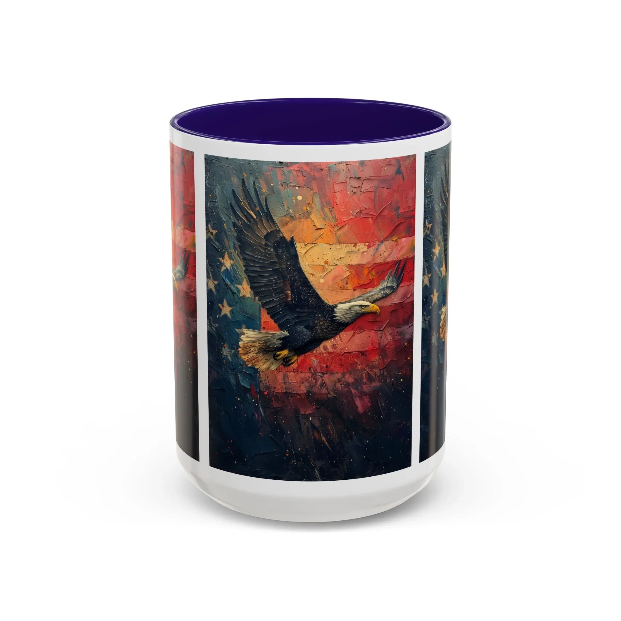 Colorful Mugs (11oz, 15oz) American Eagle Flying Coffee Cup, Patriotic American Eagle flying with American Flag in background - 250 USA Celebration