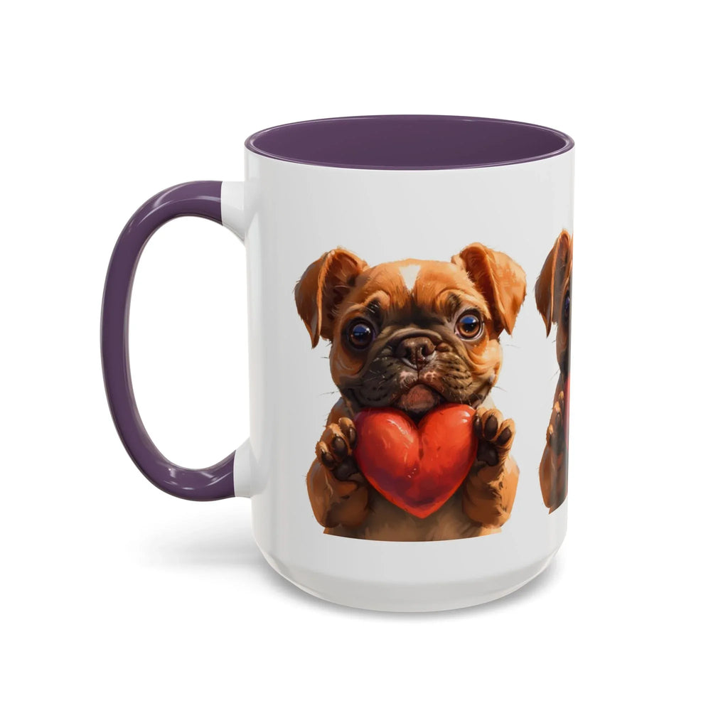 Cute French Bulldog Holding Red Heart Accent Coffee Mug | Puppy Cartoon Illustration - 250 USA Celebration