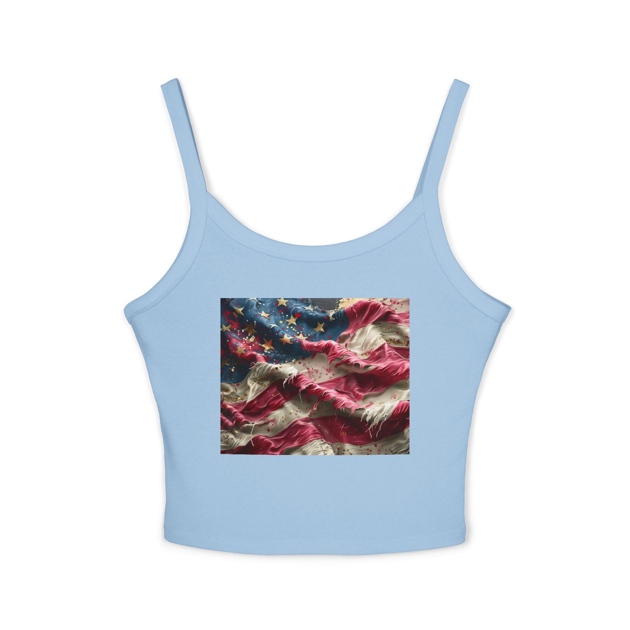 American Flag Ruffled Crop Tank Top – Patriotic Women's Spaghetti Strap Top