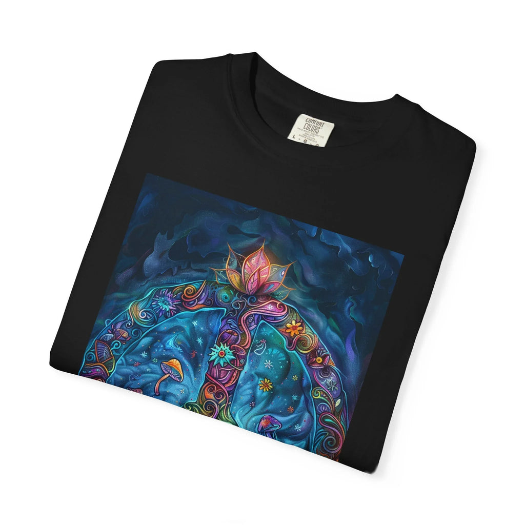 Floral Peace Sign T-shirt | Psychedelic Hippie Vibes, Blue Shirt - 250 USA Celebration