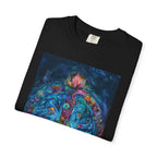 Floral Peace Sign T-shirt | Psychedelic Hippie Vibes, Blue Shirt - 250 USA Celebration