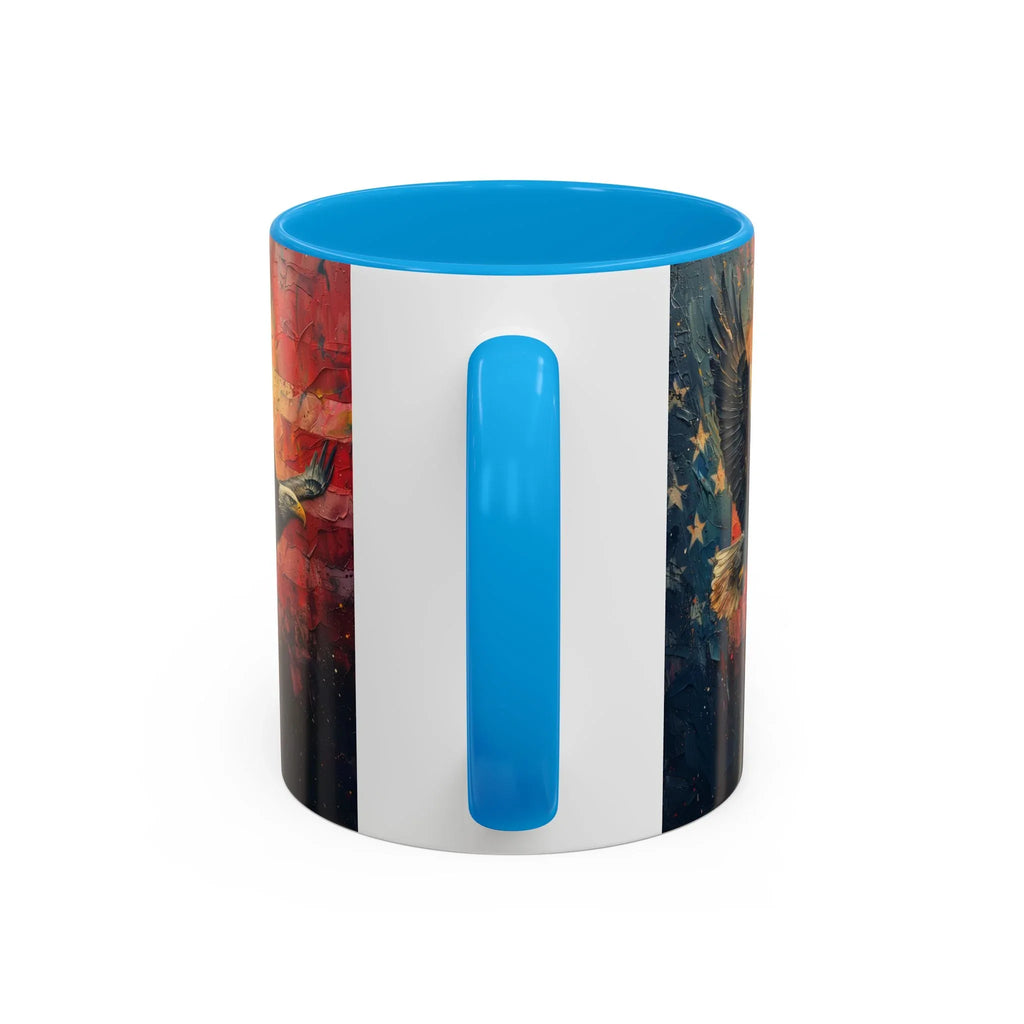 Colorful Mugs (11oz, 15oz) American Eagle Flying Coffee Cup, Patriotic American Eagle flying with American Flag in background - 250 USA Celebration