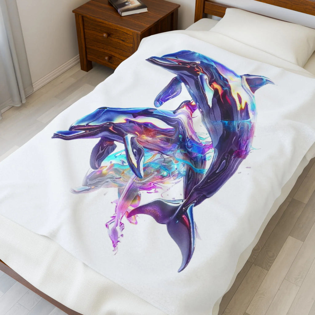 Iridescent Dolphins Velveteen Plush Blanket | Colorful Ocean Art - 250 USA Celebration