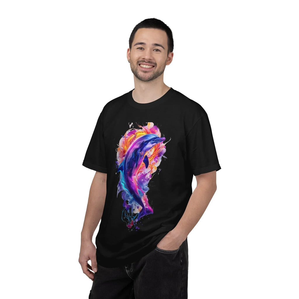 Colorful Watercolor Dolphin T-shirt | Vibrant Ocean Dolphin Tee Chrome Y2K Fantasy Dolphins & Butterflies T-Shirt | Airbrushed Liquid Metal - 250 USA Celebration