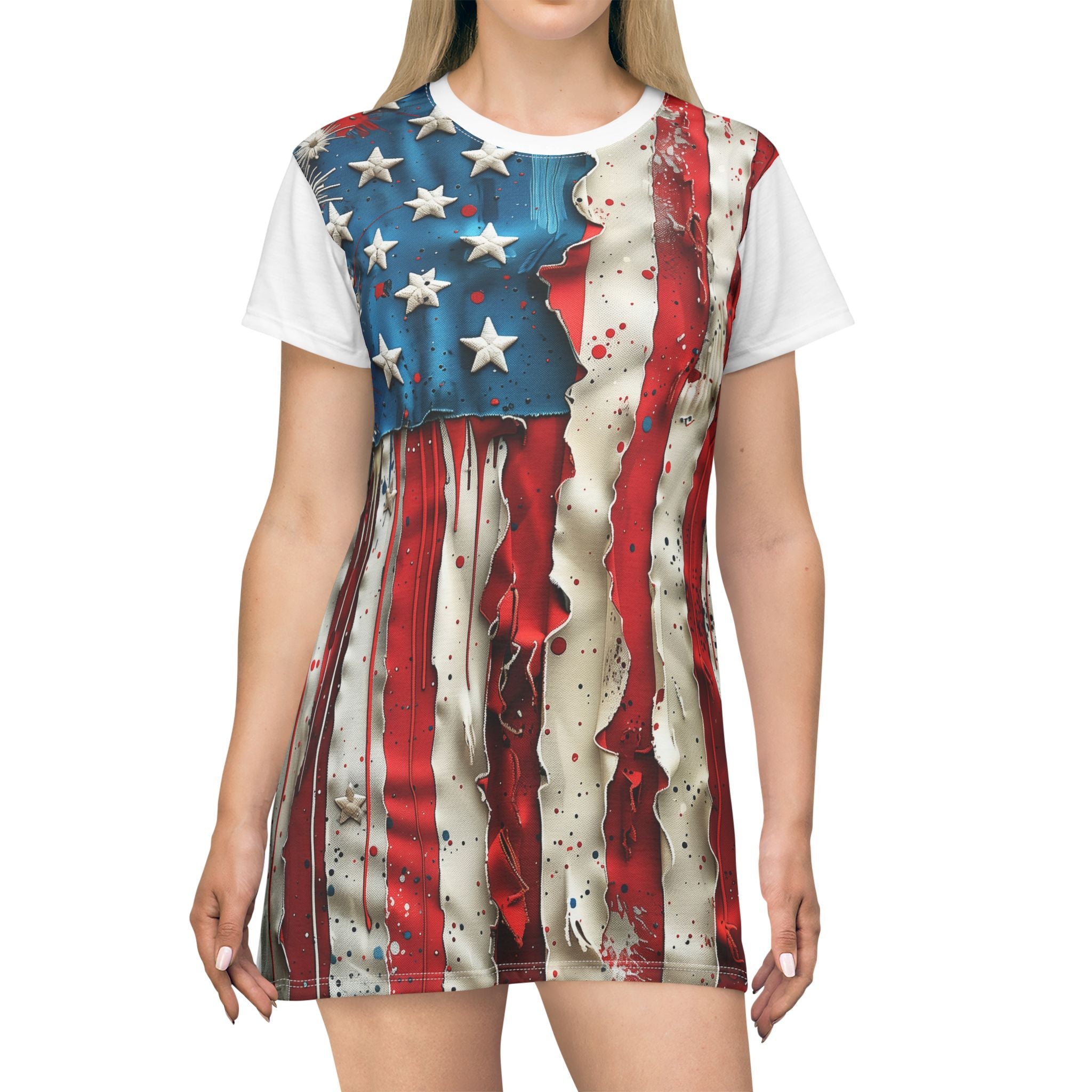 American Flag T-Shirt Dress — Distressed Patriotic Stars & Stripes AOP