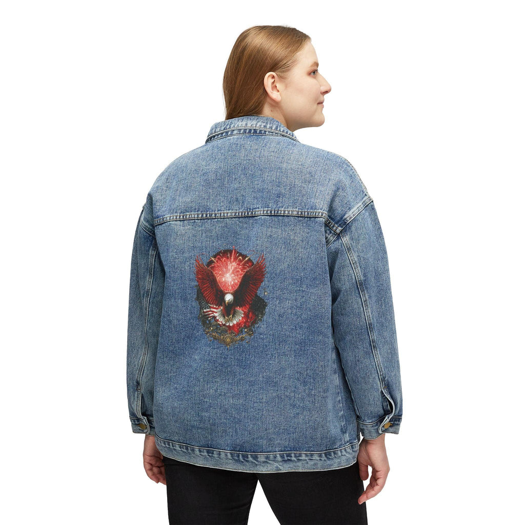 Red Floral Skull illustration denim jacket | Denim Jacket - 250 USA Celebration