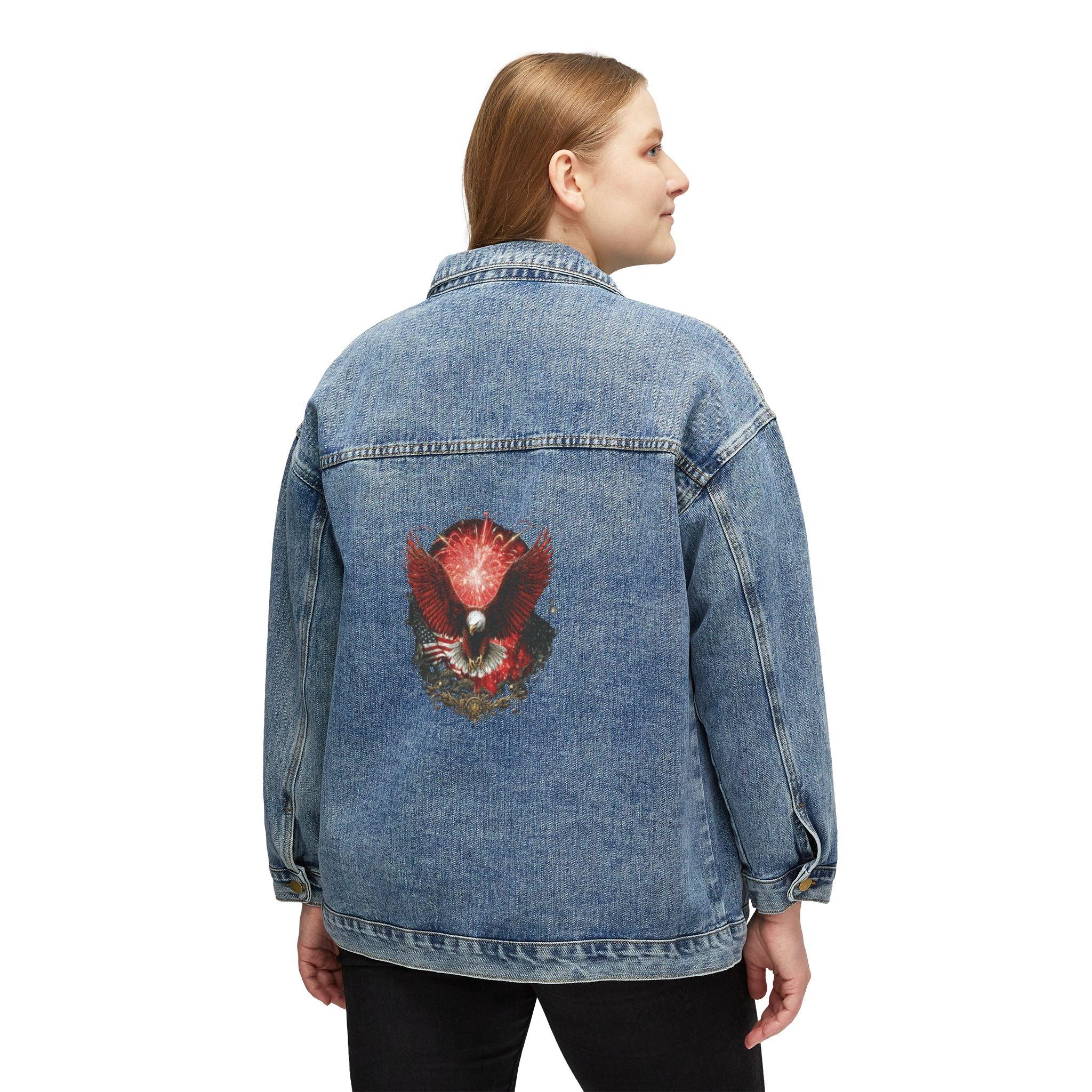 Red Floral Skull illustration denim jacket | Denim Jacket - 250 USA Celebration