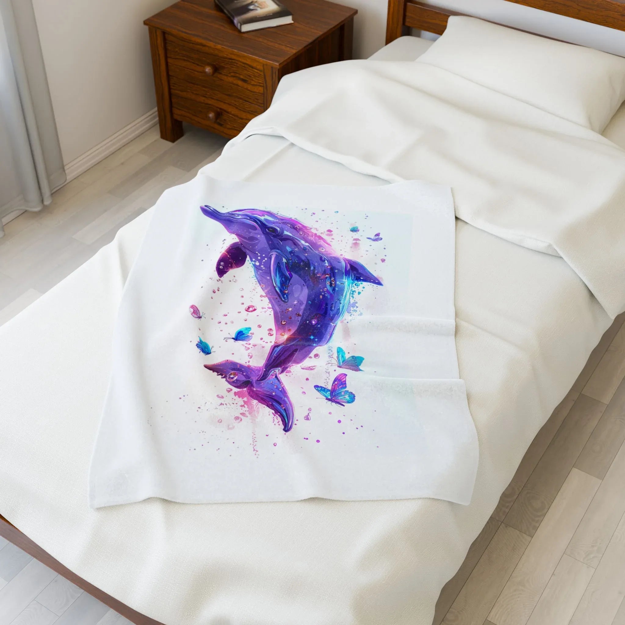 Galaxy Dolphin Velveteen Plush Blanket | Purple Whale Butterfly Splash - 250 USA Celebration