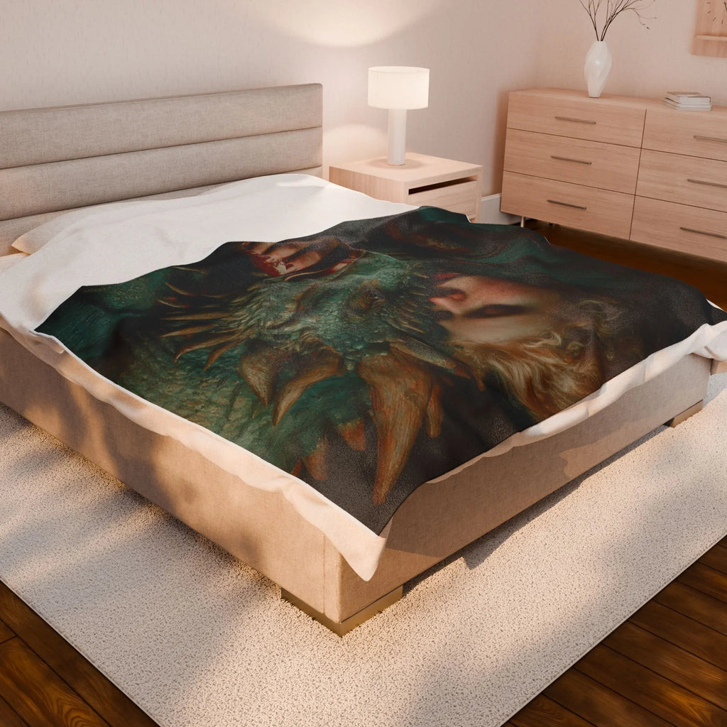 Woman Cuddling Dragon Velveteen Blanket | Fantasy Art Plush Throw - 250 USA Celebration