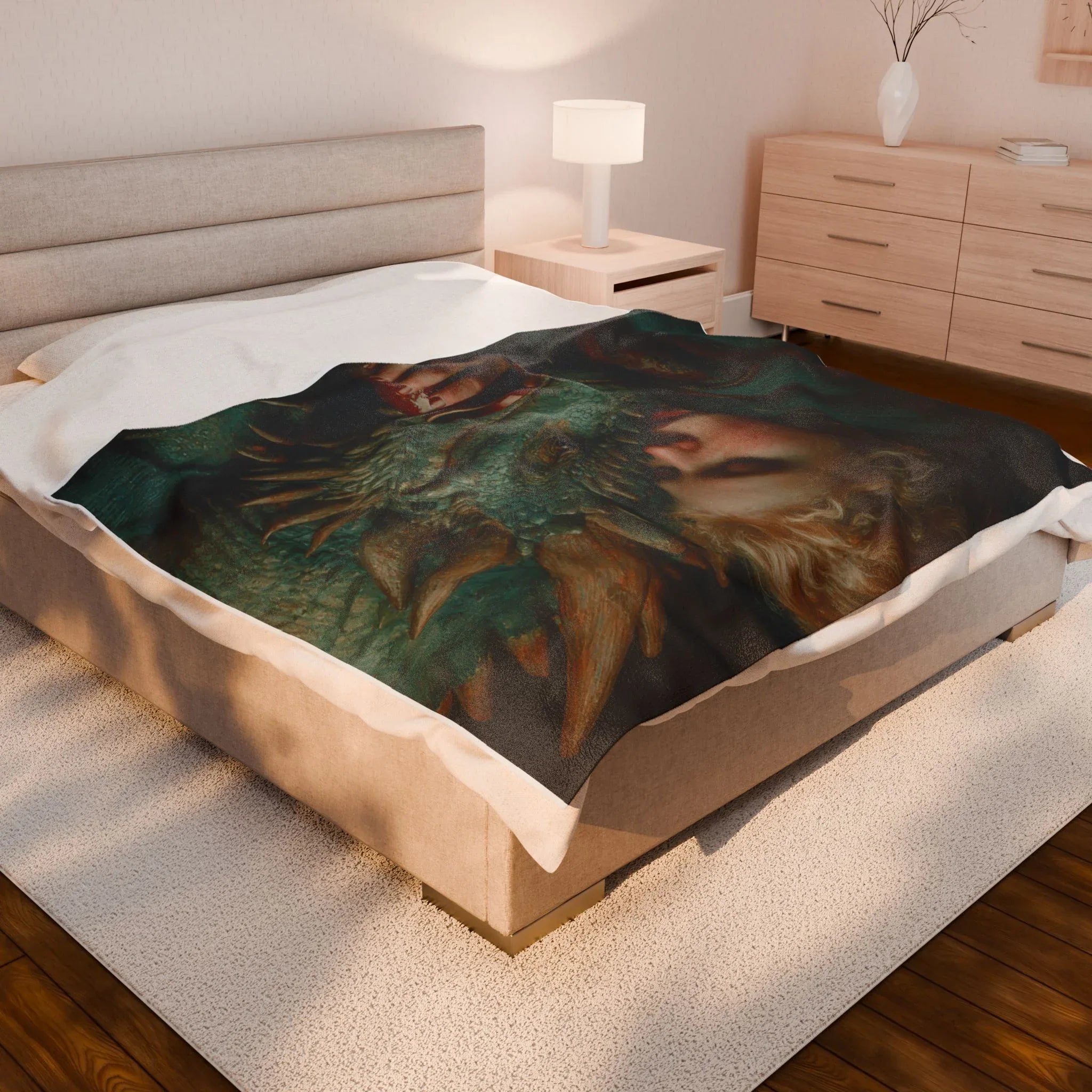 Woman Cuddling Dragon Velveteen Blanket | Fantasy Art Plush Throw - 250 USA Celebration