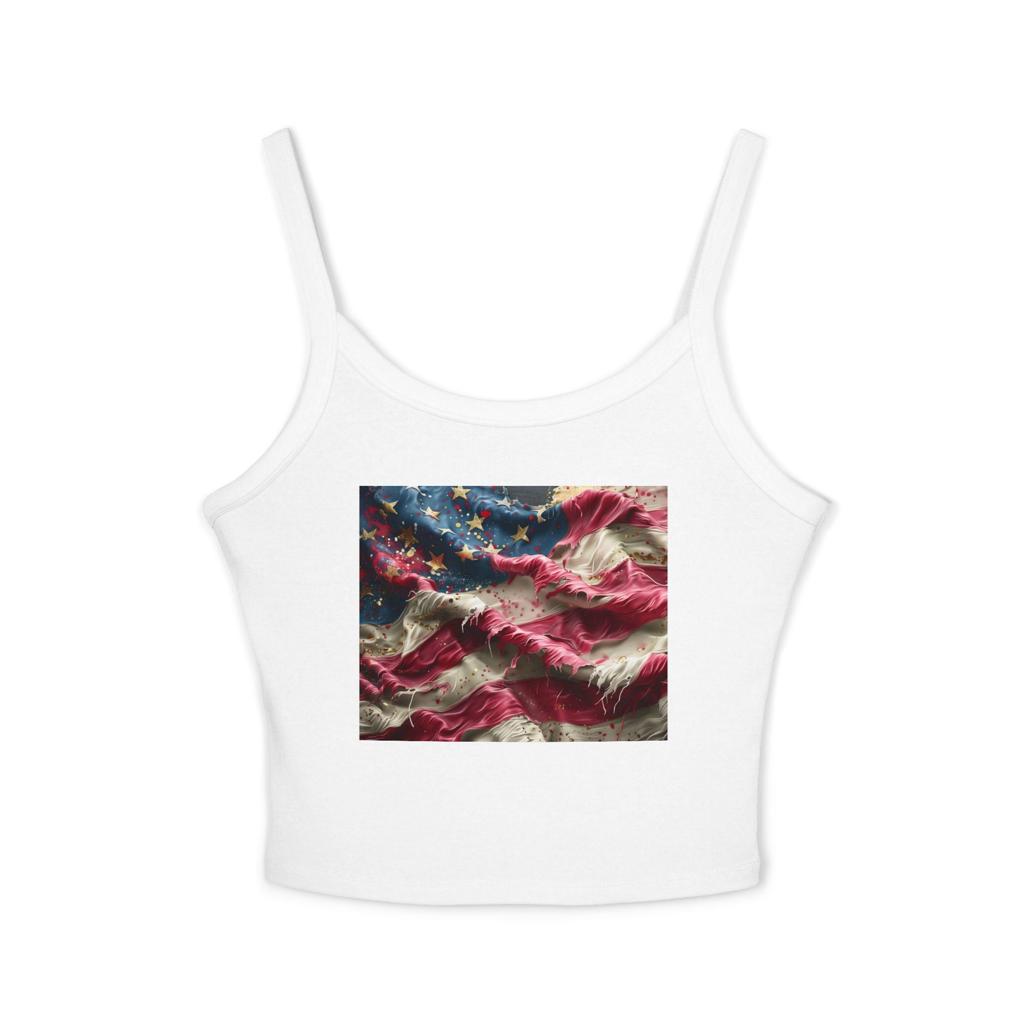 American Flag Ruffled Crop Tank Top – Patriotic Women's Spaghetti Strap Top