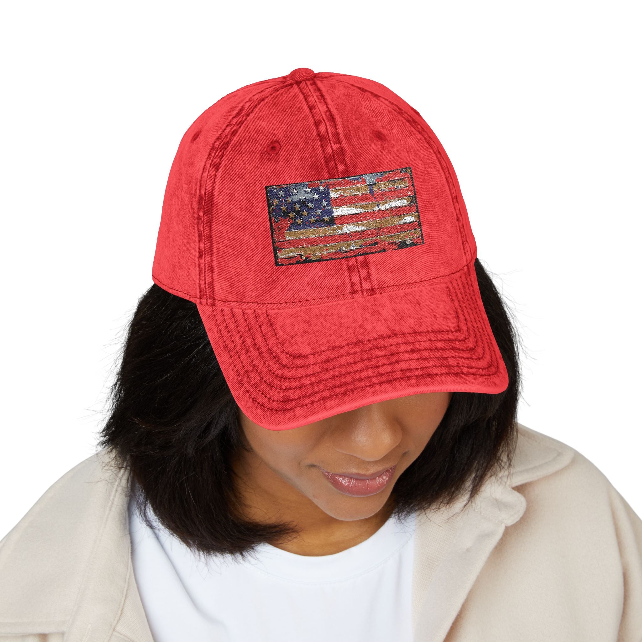 Vintage Embroidered American Flag Cap — Distressed Red Baseball Hat