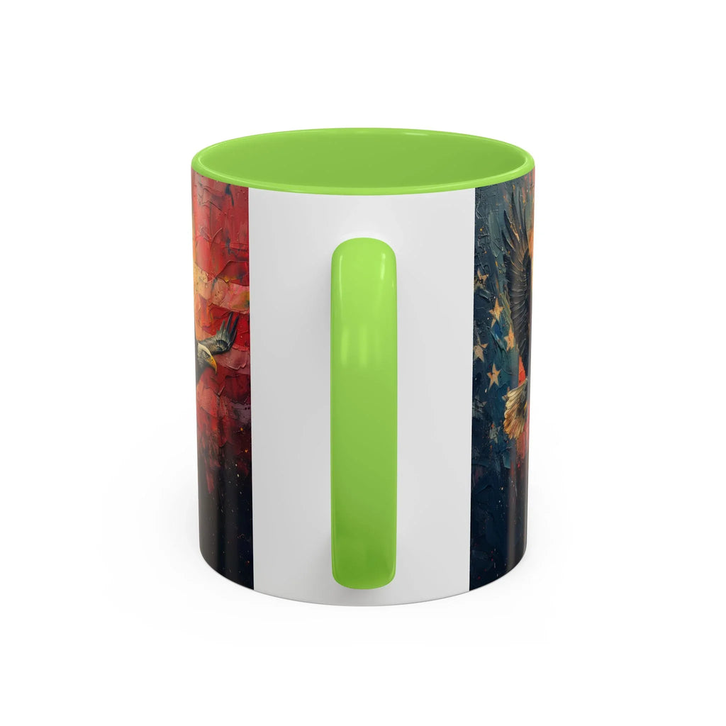 Colorful Mugs (11oz, 15oz) American Eagle Flying Coffee Cup, Patriotic American Eagle flying with American Flag in background - 250 USA Celebration