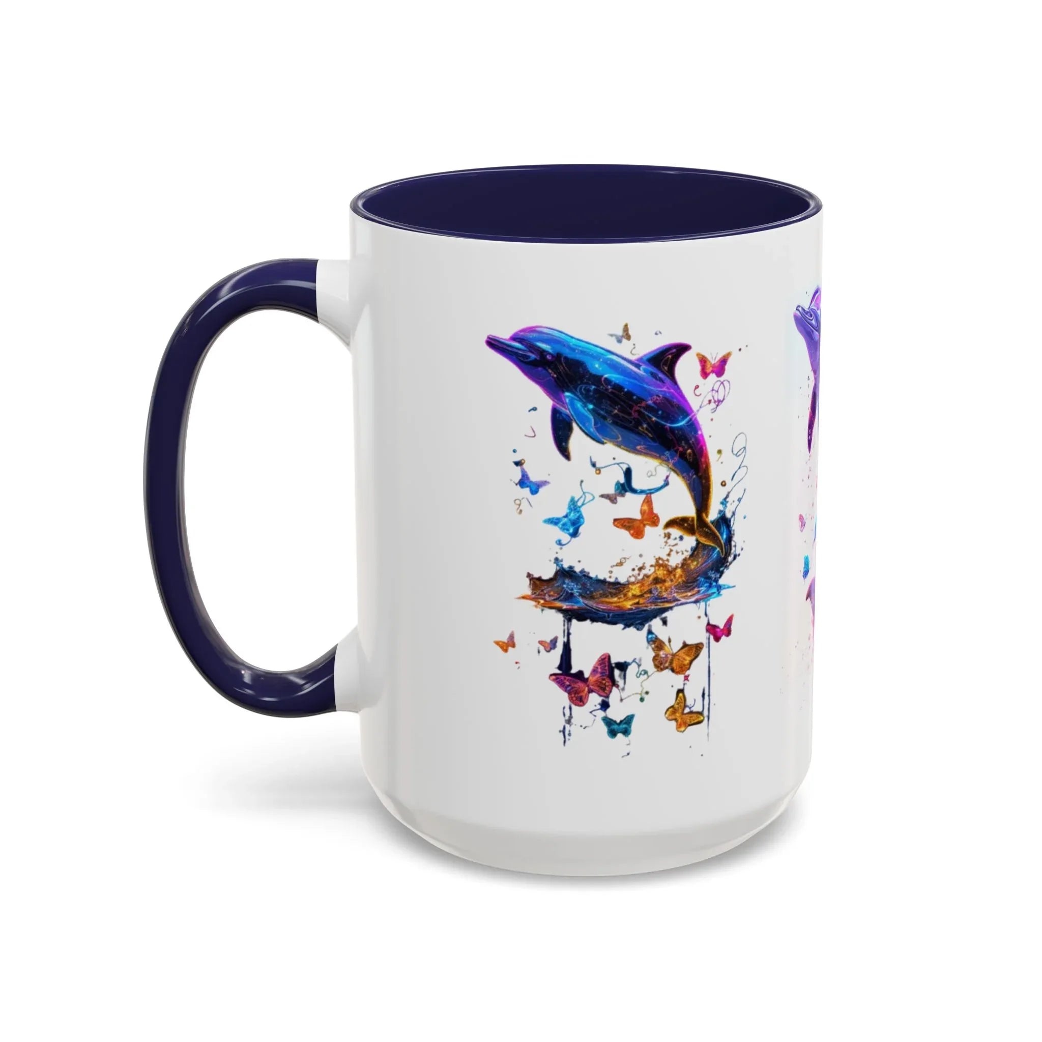 Y2K Chrome Dolphin Flaming Hoop Mug | Holographic Neon Dolphin Coffee Cup - 250 USA Celebration