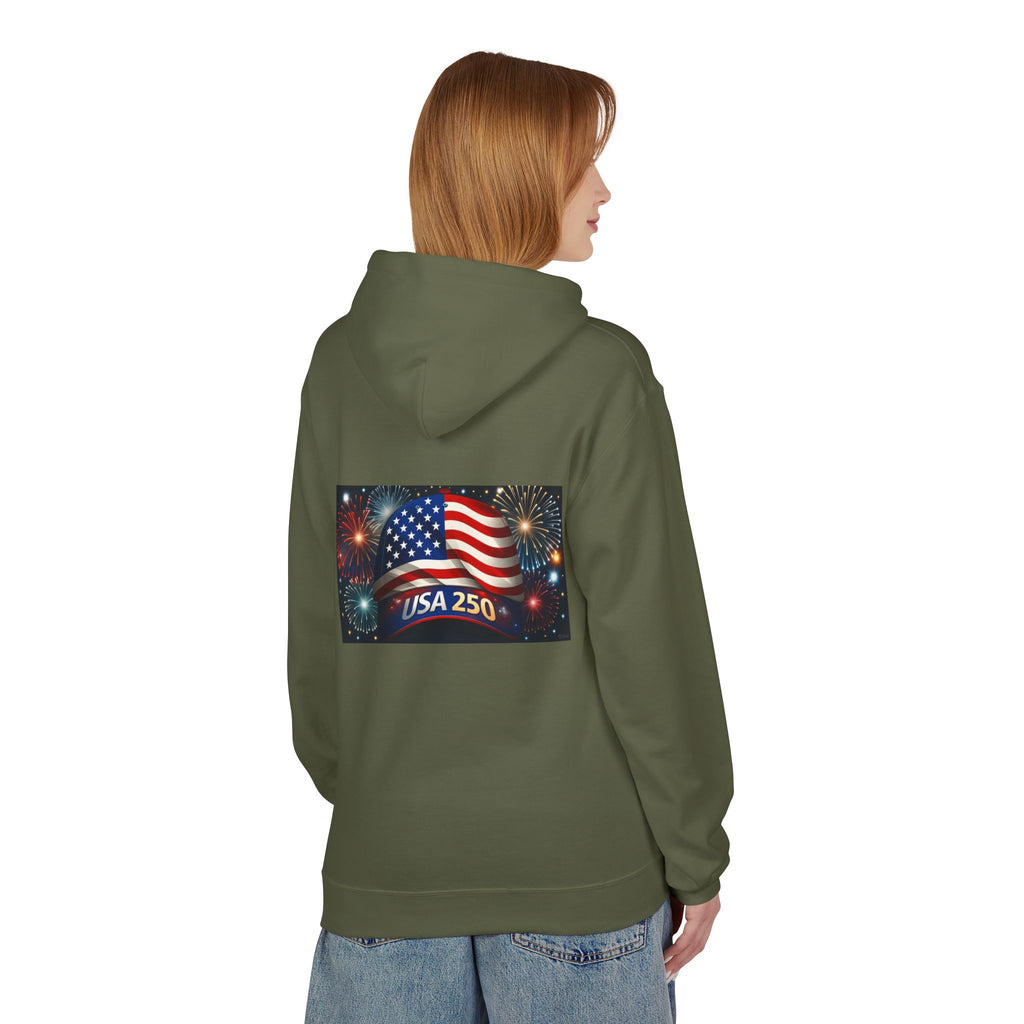USA 250 Patriotic Hoodie with American Flag & Fireworks