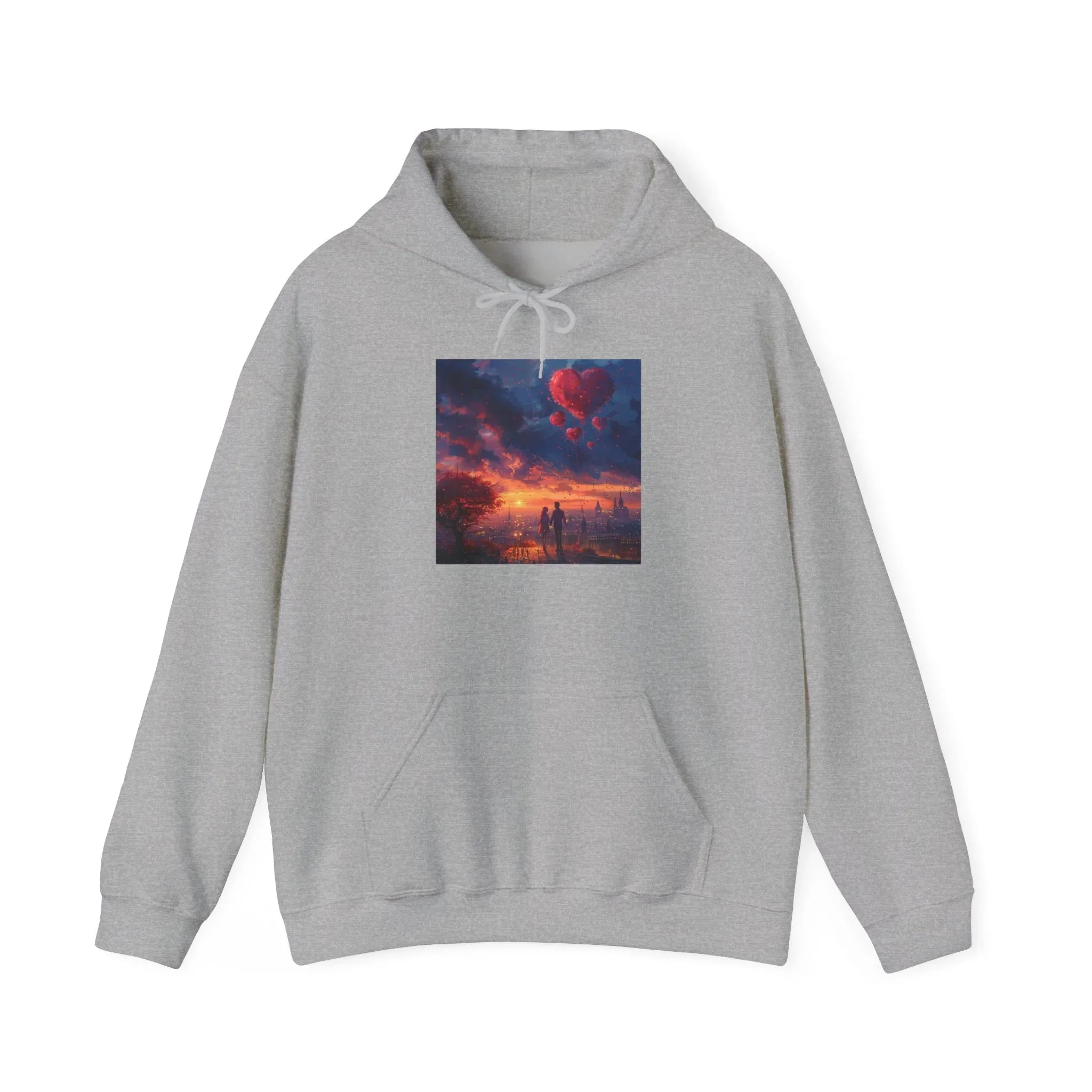 Romantic Sunset Hoodie with Hot Air Balloon, Unisex Sweatshirt for Valentines Day, Valentine's Day T-Shirts, Personalized Valentine's Gifts - 250 USA Celebration