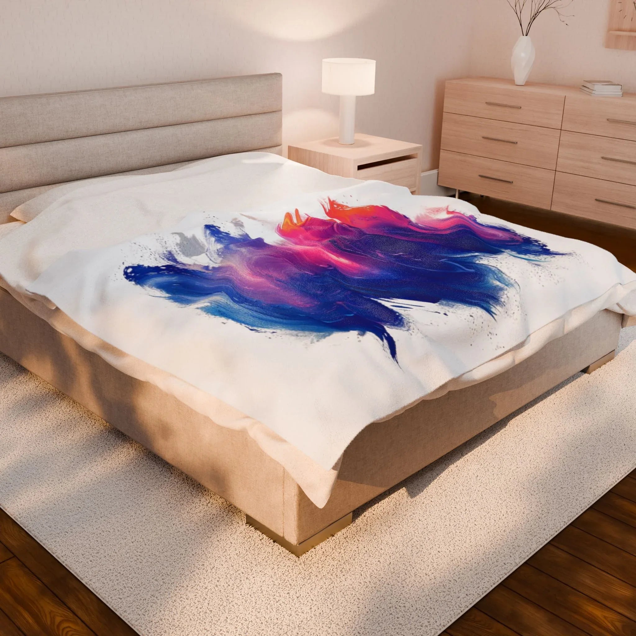 Abstract Colorful Brushstroke Velveteen Plush Blanket | Blue Purple Pink Art Throw - 250 USA Celebration