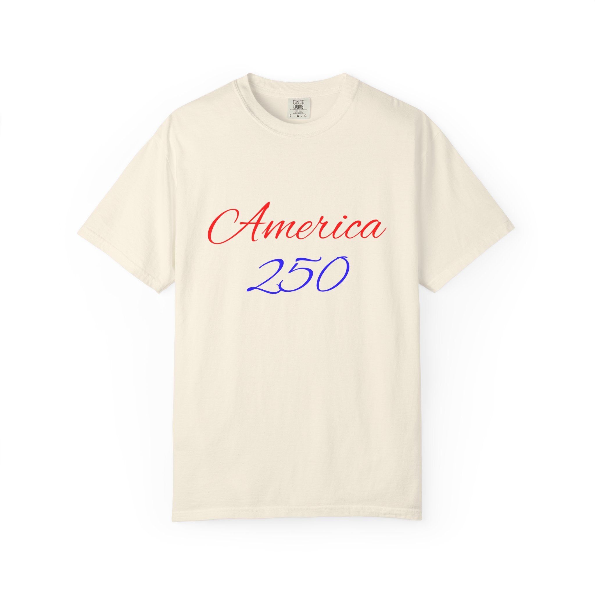 America 250 T-shirt | Patriotic Script, Red and Blue Text